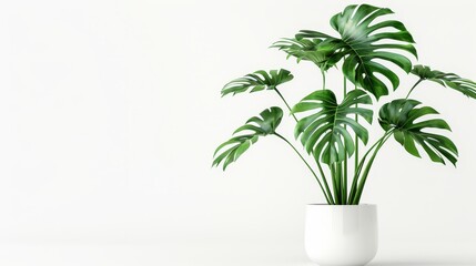 White ceramic pot with a decorative monstera tree planted in it.