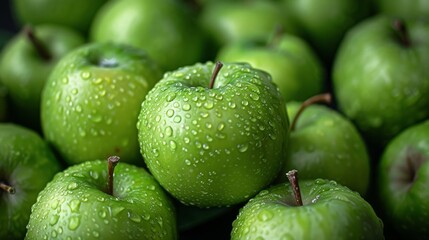 A bunch of green apples with water droplets on them, AI