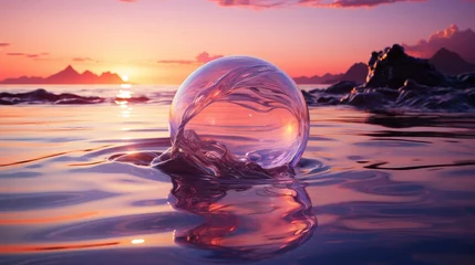 Gordijnen A glass ball lies in the waves on the sandy beach, the sea and the setting sun are reflected in the ball. © hugo