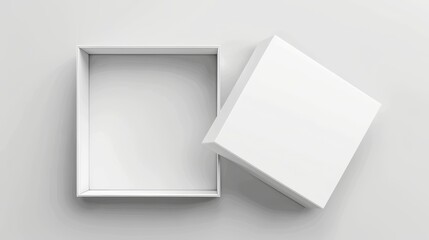 Top view of a white cardboard box mockup in modern 3D format. Blank realistic mockup template shows an open cardboard box in 3D.