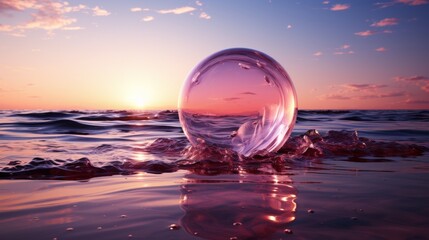 A glass ball lies in the waves on the sandy beach, the sea and the setting sun are reflected in the ball. - obrazy, fototapety, plakaty