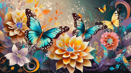 花と蝶の壁紙 - obrazy, fototapety, plakaty