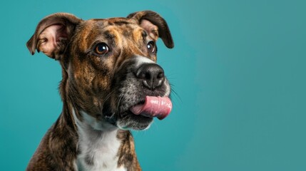 Mix breed brindle and white rescue dog licking on a teal aqua background in a studio headshot - obrazy, fototapety, plakaty