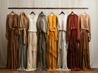 Choice of fashion clothes of different colors on wooden hangers.	
