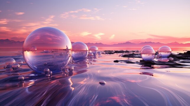 A glass ball lies in the waves on the sandy beach, the sea and the setting sun are reflected in the ball.
