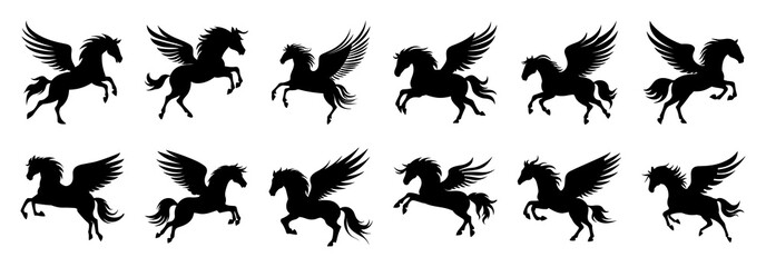Pegasus silhouettes set, large pack of vector silhouette design, isolated white background. - obrazy, fototapety, plakaty