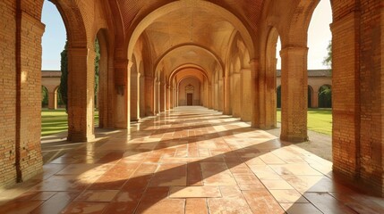 A long walkway with arches and tiled floors in a building, AI