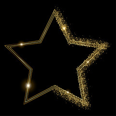 Vector template of shining gold star frame, background with glitter for Christmas celebration party, New Year card, wedding, bachelorette party, baby shower party, logo, casino, birthday.