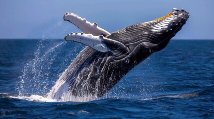 Blue whale jump out from Ocean - obrazy, fototapety, plakaty