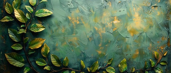 Retro, nostalgic, golden brushstrokes. Textured background. Oil on canvas. Modern Art. Floral leaves, green, gray, wallpaper, poster, card, mural, carpet, hanging, print. - obrazy, fototapety, plakaty