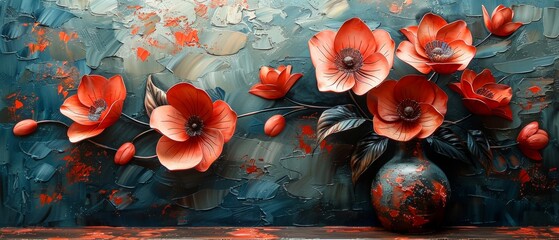 Fototapeta premium The metal element of a modern painting, the texture background, flowers in a vase, flowers in an abstract painting...