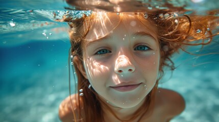 A close up of a young girl swimming underwater with her eyes open, AI