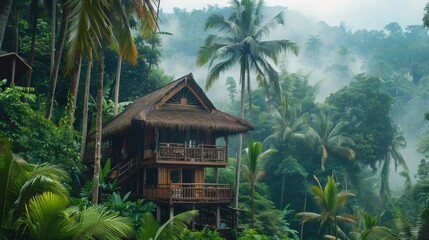A small house in the middle of a jungle surrounded by trees, AI