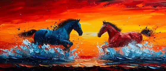 Modern abstract painting, metal elements, textured background, horses, animals...