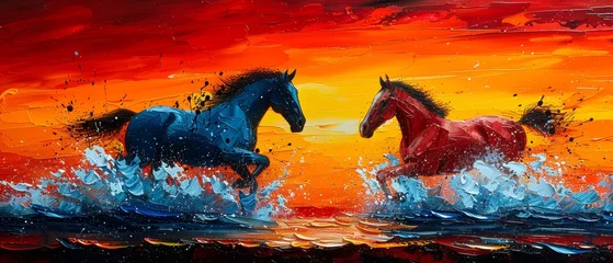 Foto auf Acrylglas Modern abstract painting, metal elements, textured background, horses, animals... © Zaleman