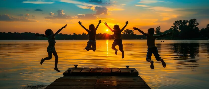 Children jumping off the dock on the lake as the sun sets.