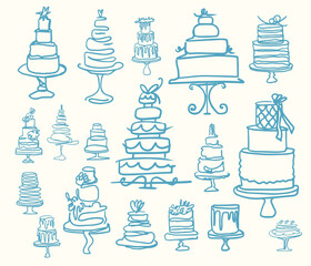 Fototapeta na wymiar Vector isolated hand drawn sketch of trending wedding and birthday cakes with floral and bows decoration on a white background. Holiday dessert in vintage style. For menu and cards.