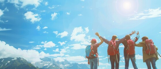 Having fun together, four happy friends gaze at the mountains. Text space for additional text. Travel concept. - obrazy, fototapety, plakaty