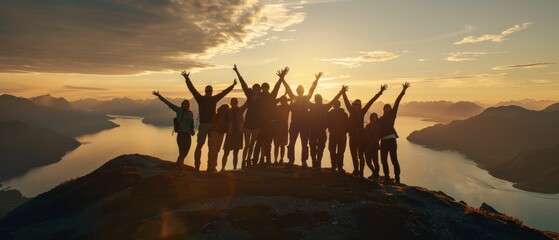 On a mountaintop, a large group of people are enjoying a success pose with their arms raised against a sunset lake and mountains. This is a concept for travel, adventure, or expedition.