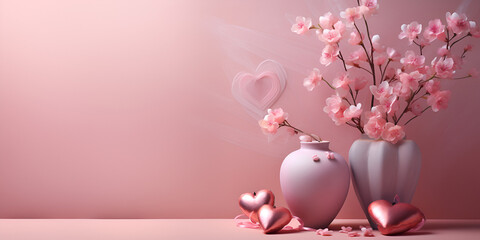 Soft Pink Heart and Petals with Subtle Lighting, Pink simple background Valentine's Day cards, Pink hearts with flowers on pink studio background happy , Romantic holiday background Generate Ai