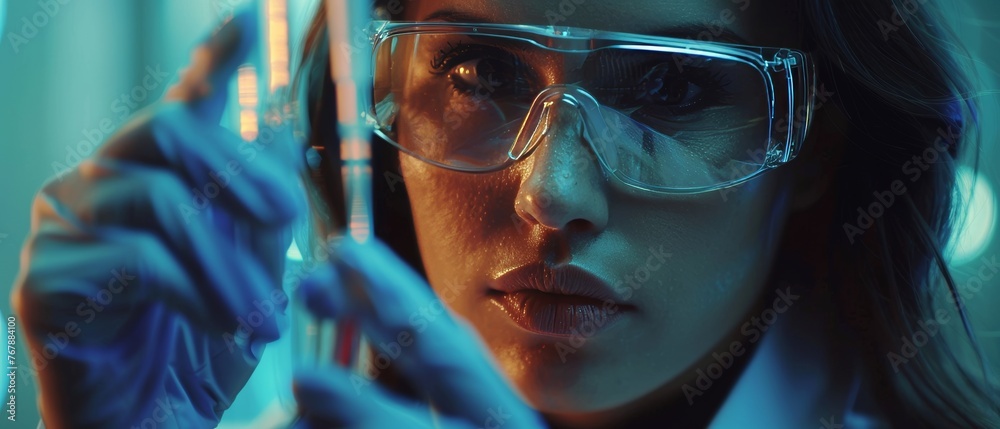 Poster a beautiful female scientist using a micro pipette for analysis at an advanced scientific lab for me
