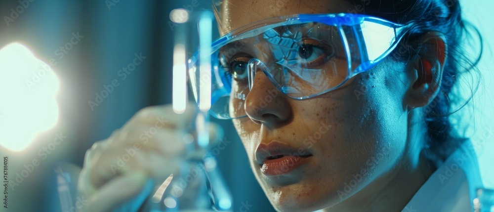 Poster female scientist using micropipette for test analysis in medical research laboratory. advanced devel