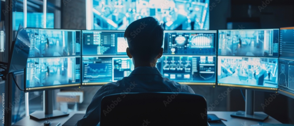 Poster High-Tech Security at Industry 4.0 Modern Factory: Security Operator controls Workshop Production Line, uses Computer with Screens Displaying Surveillance Camera Feed.