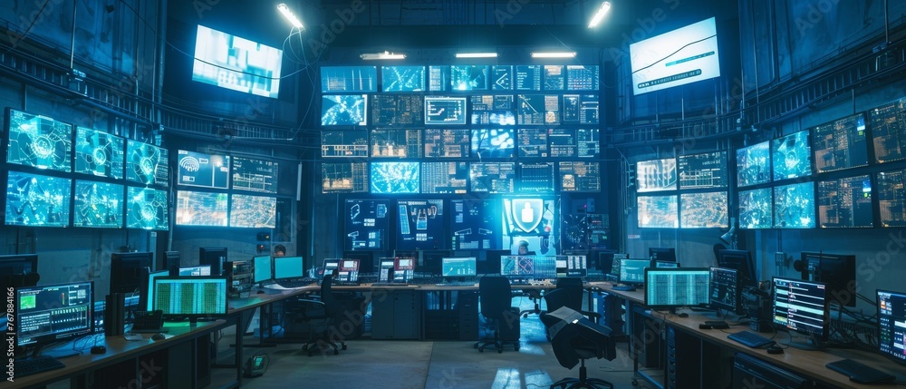 Poster Security Control Room with Multipoke Computer Screens Displaying Camera Footage Feeds. High-Tech Security in a Factory 4.0.