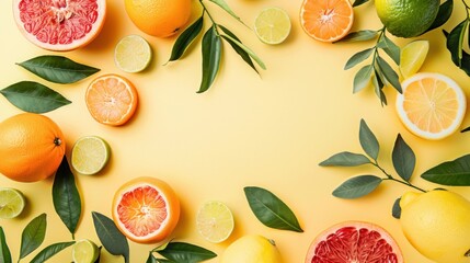 Top view summer tropical fruits various with leaves on pastel yellow background. AI generated image