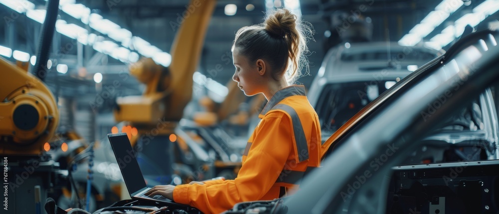 Poster auto factory engineer using laptop computer. automotive industrial manufacturing facility using robo
