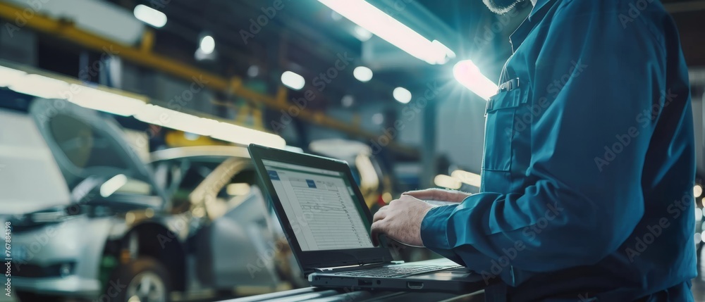 Leinwandbilder Engineering work uniformed worker using spreadsheet software at a manufacturing facility devoted to vehicle production.