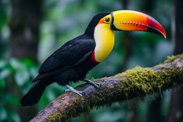 Fototapeta premium Tropical toucan bird perched on rainforest tree branch in natural wildlife habitat