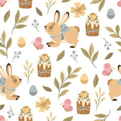 Fototapeta premium Seamless pattern with hand-drawn Bunnies, Easter cakes, flowers and leaves. Printing on fabric wrapping paper.