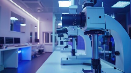 Fototapeta premium Ophthalmologist at a optometry center, utilizing advanced holographic examination equipment to conduct a detailed eye examination and develop futuristic