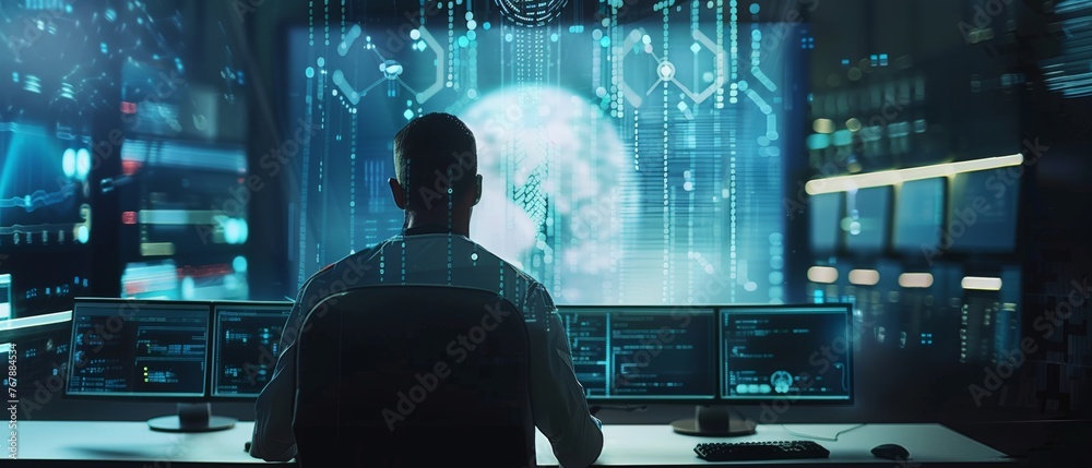 Poster Work is being done at his computer by a System Administration and Machine Learning Engineer who plans and performs work to expand the network structure of an enterprise.