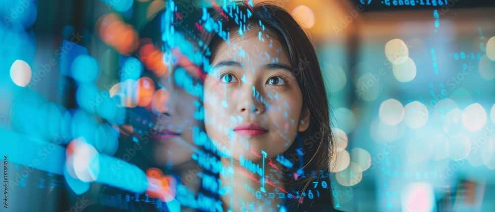 Aufkleber Software Developer Working on Innovative e-Commerce App using AI, Big Data, and projecting lines of code on her face. Asian Female Startup Digital Entrepreneur with Computer and Line of Code