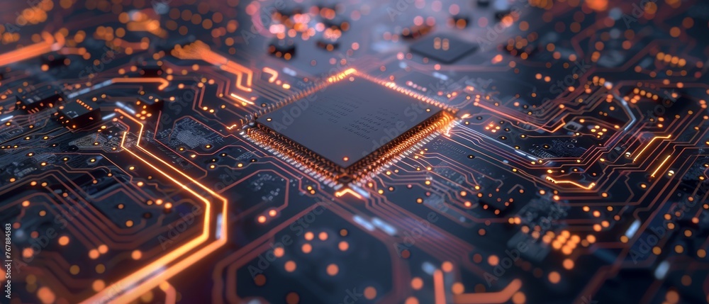 Aufkleber Visualization of advanced technology concept: Circuit Board CPU Processor Microchip Starts Artificial Intelligence Digitalization of Neural Networking and Cloud Computing. Digital Lines Carry Data.
