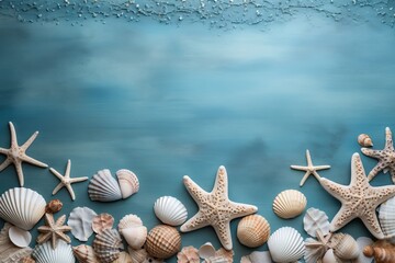 Seashells and starfish on blue wooden background beach scene concept with marine elements