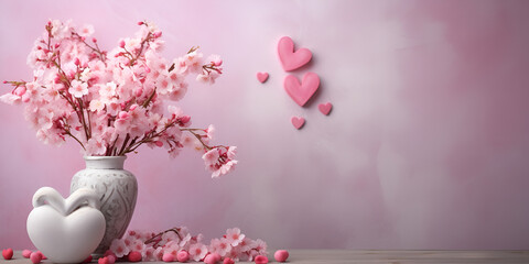 Soft Pink Heart and Petals with Subtle Lighting, Pink simple background Valentine's Day cards, Pink hearts with flowers on pink studio background happy , Romantic holiday background Generate Ai
