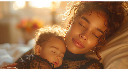 A woman is holding a sleeping baby