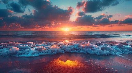 beautiful beach and gentle blue sea waves. sunset view on the beach	 - obrazy, fototapety, plakaty