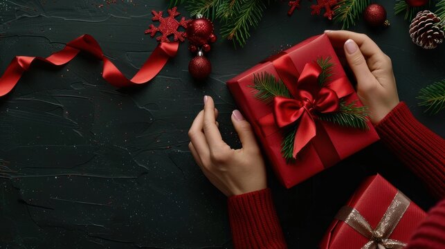 Top view female hands holding beautiful gift box present. AI generated image