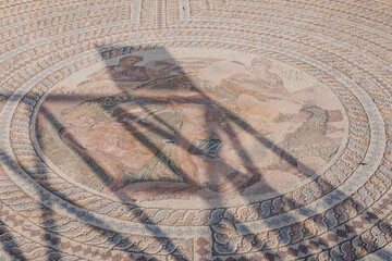 Floor mosaic, part of ancient House of Theseus in Archaeological Park of Paphos, Cyprus