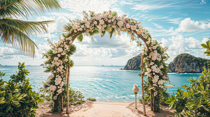Beautiful tropical wedding arch with flowers on an exotic island, coastal beach sea view hd