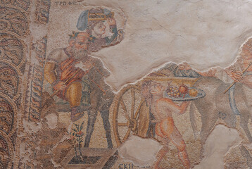 Triumph of Dionysos floor mosaic in Aion House - Roman villa in Archaeological Park of Paphos, Cyprus
