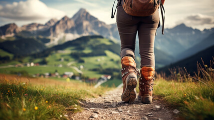 Hiker woman in macro boots trekking mountain landscape for outdoor adventure in nature