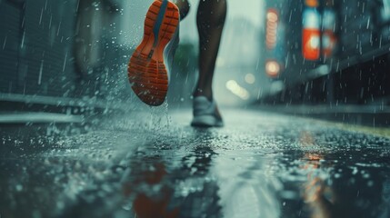 Close up rear view urban sport runner legs running on the rain wet street background. AI generated - obrazy, fototapety, plakaty