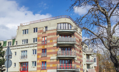 Residential building in Kepa Goclawska neighborhood of Goclaw area, South Praga district of Warsaw,...