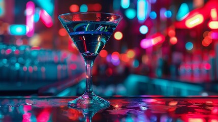 Vibrant neon lights reflecting off a martini glass, urban night vibe low texture - obrazy, fototapety, plakaty