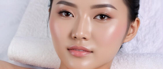Young asian woman with clean and fresh skin from a spa. Close-up portrait of a model with good skin